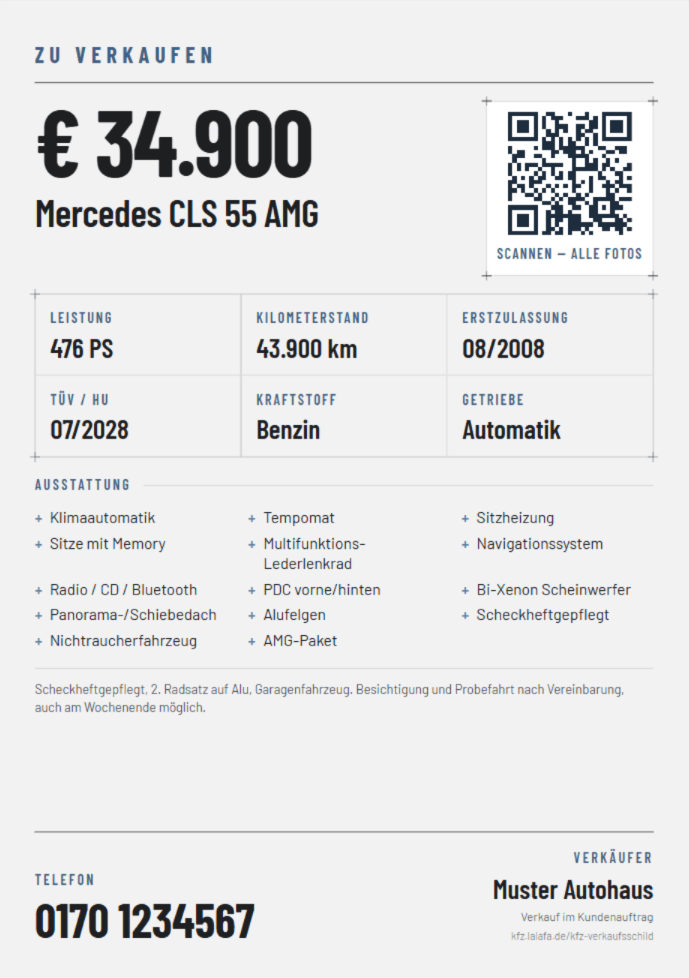 KFZ-Verkaufsschild Vorlage kostenlos zum Ausdrucken